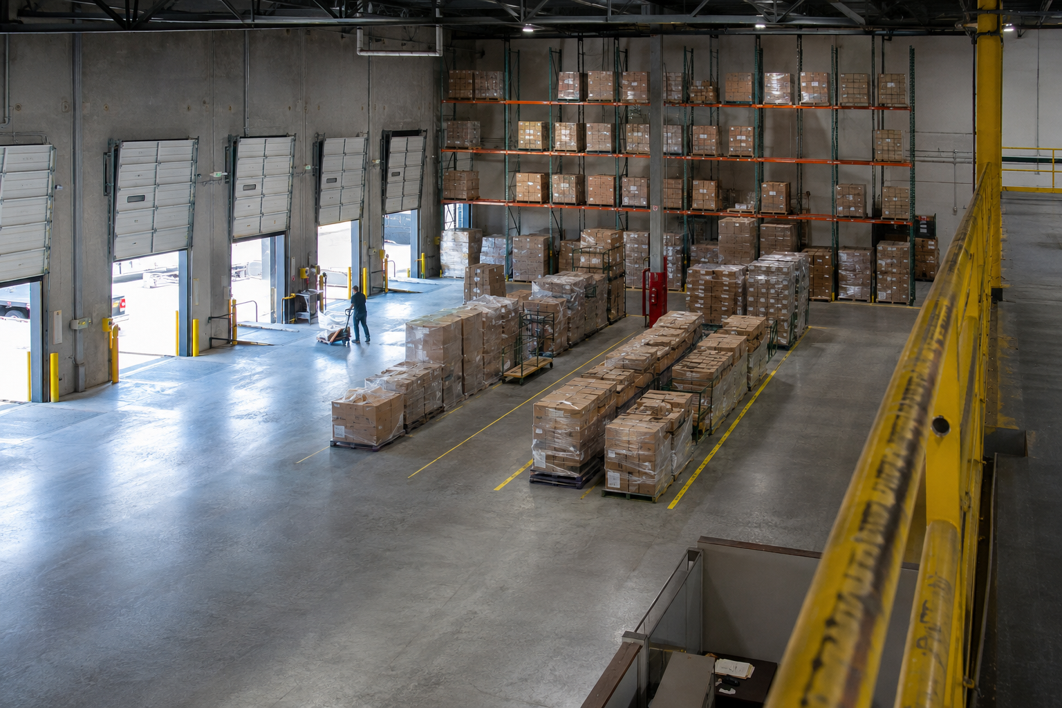 Elevated view across a generic warehouse staging and dock area