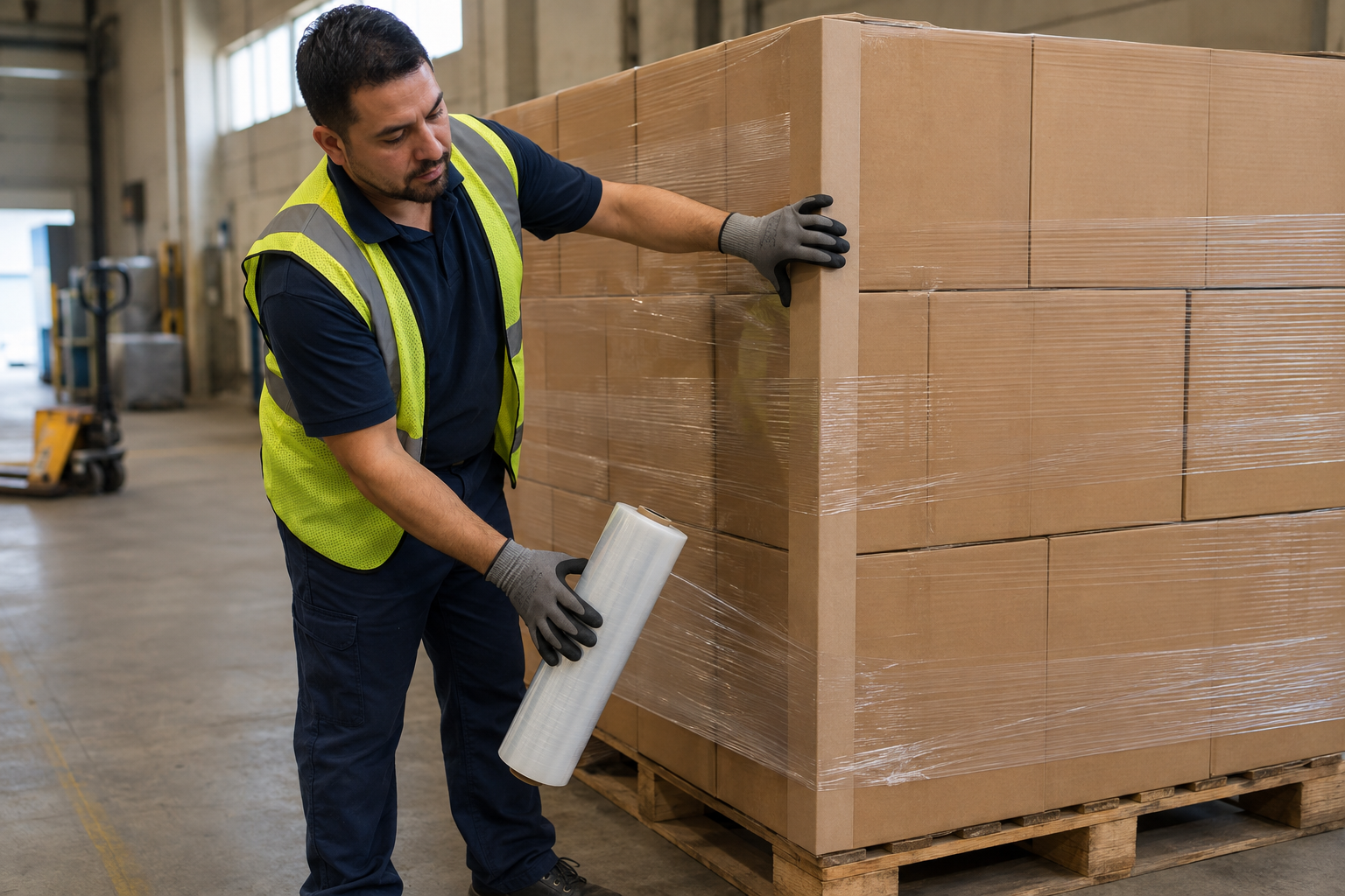 Generic warehouse associate applying stretch wrap and a corner protector to a pallet